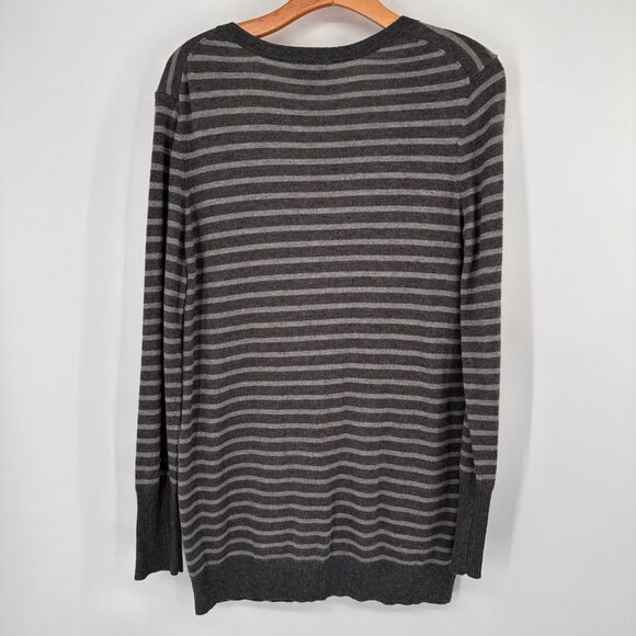 Ann Taylor LOFT Cardigan striped rhinestones Gray vneck sweater size large - Picture 9 of 14